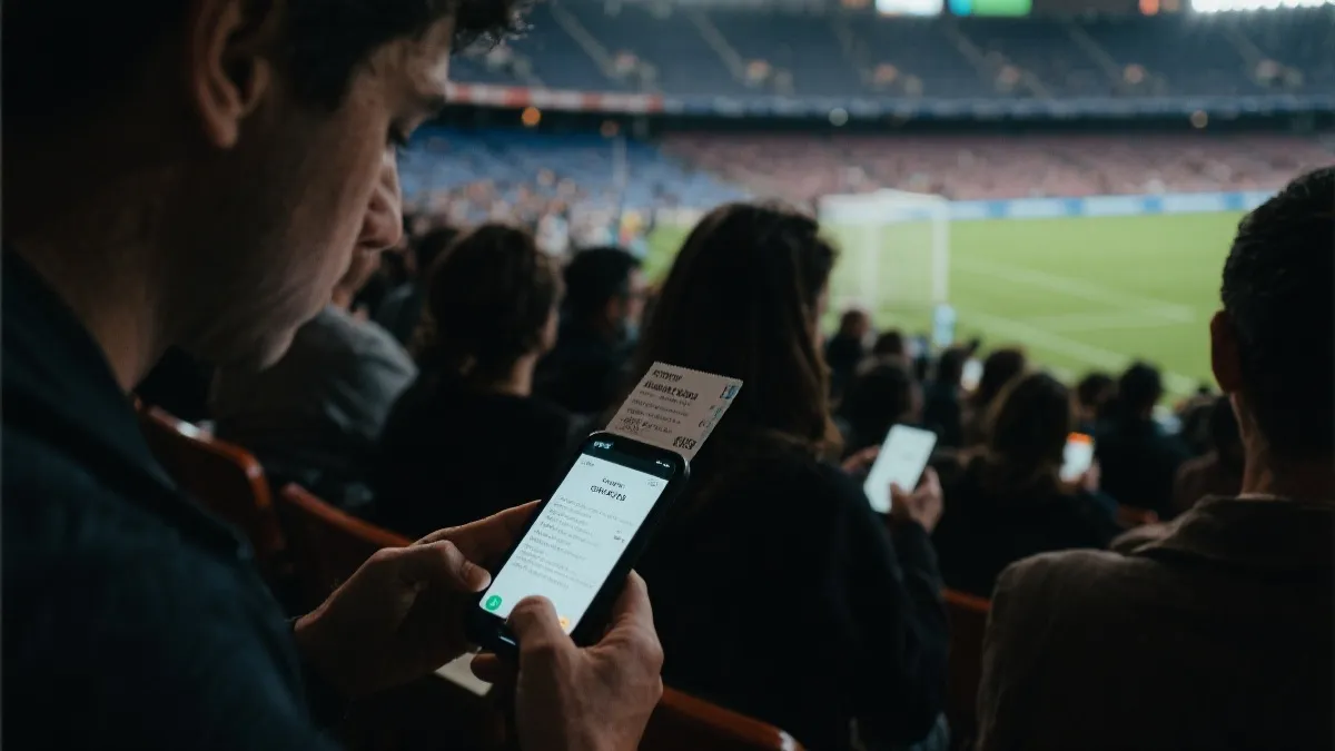 体育场看台与手机支付、打车应用使用场景，强调隐私与安全的氛围光