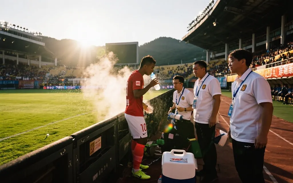 高温比赛环境下的补水与医疗团队在边线待命的场景